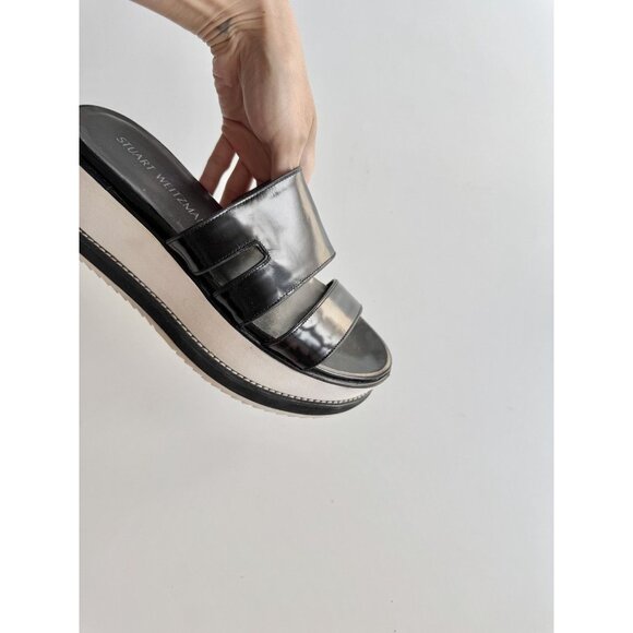 STUART WEITZMAN Black Leather White Platform Slip On Sandals Slides, Size 7.5 - Picture 5 of 16